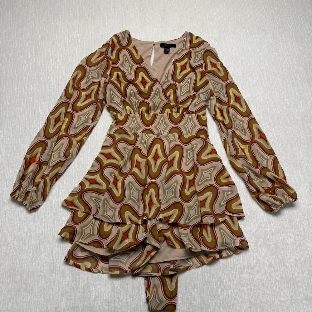 Forever 21 Chiffon Flounce Romper Womens Medium Brown Abstract Print Tiered NEW